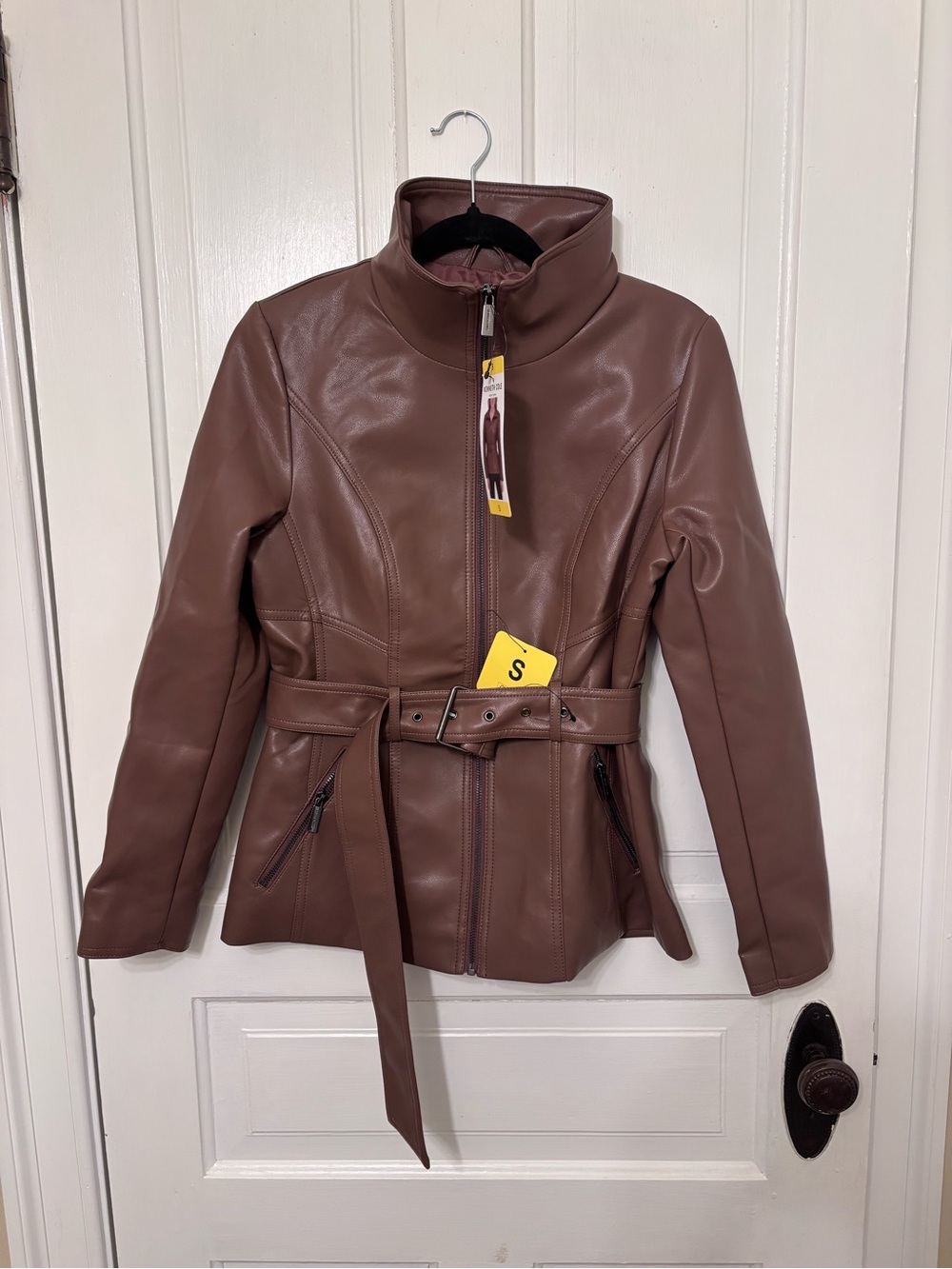Kenneth ColeWomen's Faux Leather Belted Jacket - Brown Small NWT